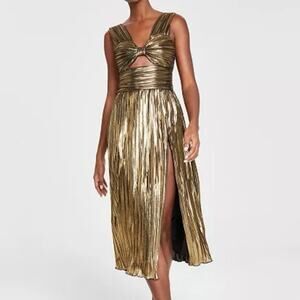 Avec Les Filles Bow-Front Metallic Gold Cutout Midi Dress